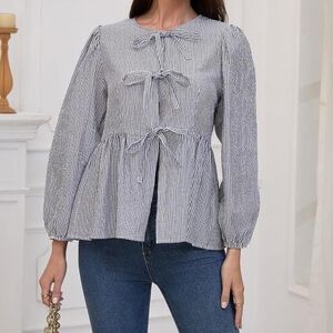 NWT Mesoli Striped Blue Women's Tie Front peplum babydoll Small Top